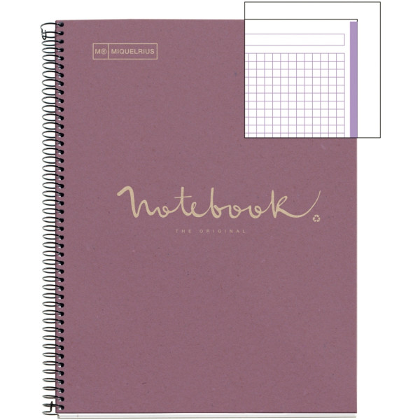 Notebook Eco Emotion A4 80 feuilles quadrillé 80 grammes lavande. Couverture carton 100% recyclé imprimé. Papier texture