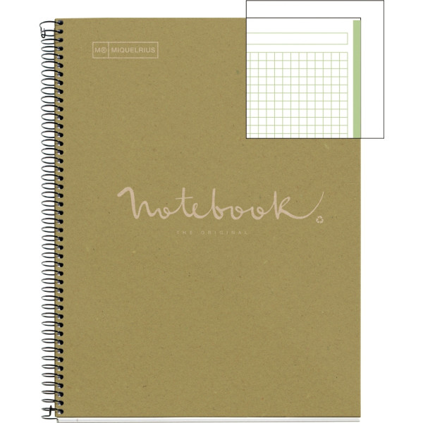 Notebook Eco Emotion A4 80 feuilles quadrillé 80 grammes vert. Couverture carton 100% recyclé imprimé. Papier texture