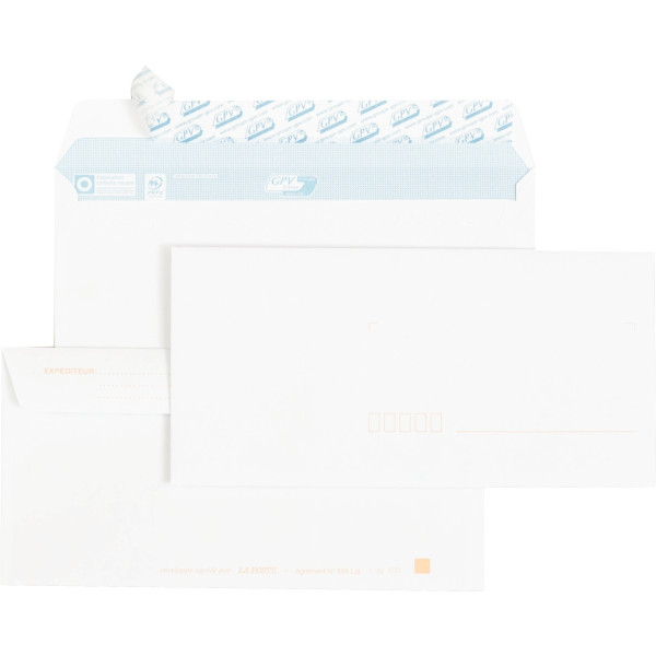 Paquet de 50 enveloppes blanches 110x220mm 90g bande siliconée précasées