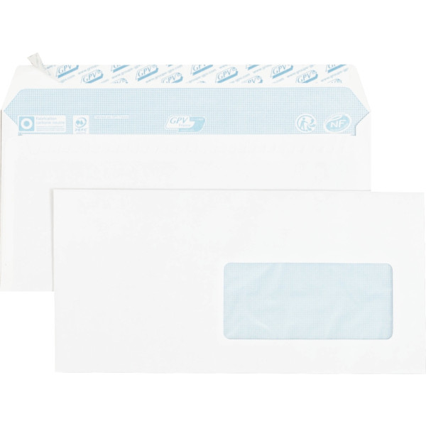 Paquet de 50 enveloppes blanches 110x220mm 75g bande siliconée fenêtre 45x100mm