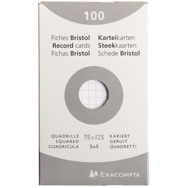 Etui de 100 fiches bristol non perforées carte forte 205 g blanc quadrillé 5x5 format 7,5x12,5 cm