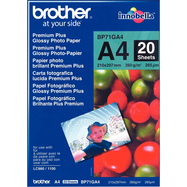 Paquet de 20 feuilles de papier photo brillant marque Brother format A4 (21 x 29,7 cm) 260g