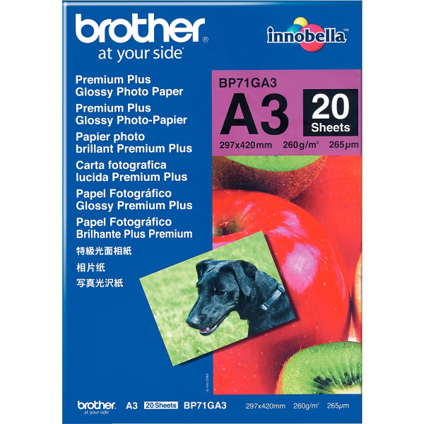 Paquet de 20 feuilles de papier photo brillant marque Brother format A3 (29,7 x 42 cm) 260g