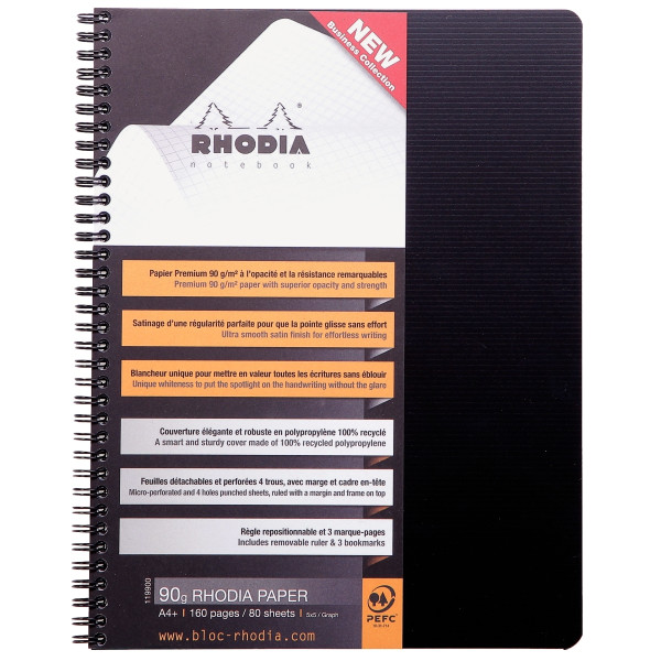 Cahier RHODIACTIVE Notebook 160 pages perforées, couverture polypropylène, format A4+, quadrillé 5x5