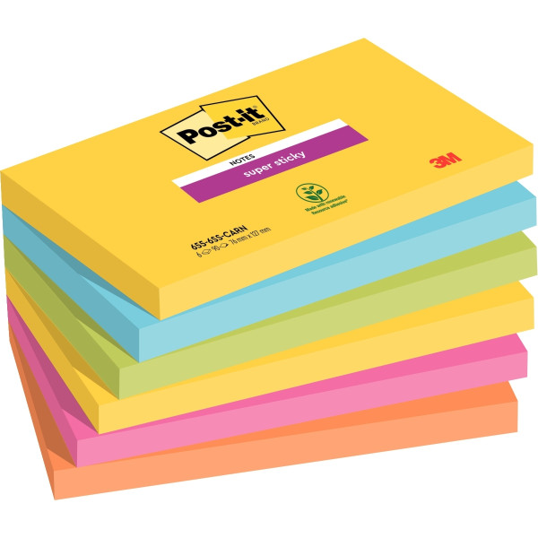 Paquet de 6 blocs de 90 feuilles Super Sticky post-it, 76 x 127 mm, couleurs CARNIVAL : jaune, turqu