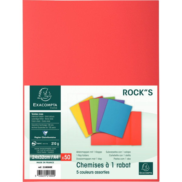 Paquet de 50 chemises 1 rabat ROCK"S 210g, format 24x32 cm, coloris assortis