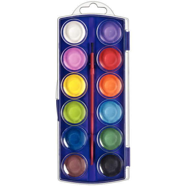 Boîte de 12 pastilles de gouache 30 mm couleurs assorties + 1 pinceau