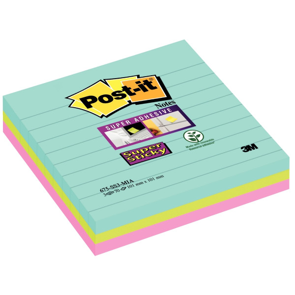 Paquet de 3 blocs Notes Super Sticky de 70 feuilles lignées, format 101 x 101 mm, couleurs Miami