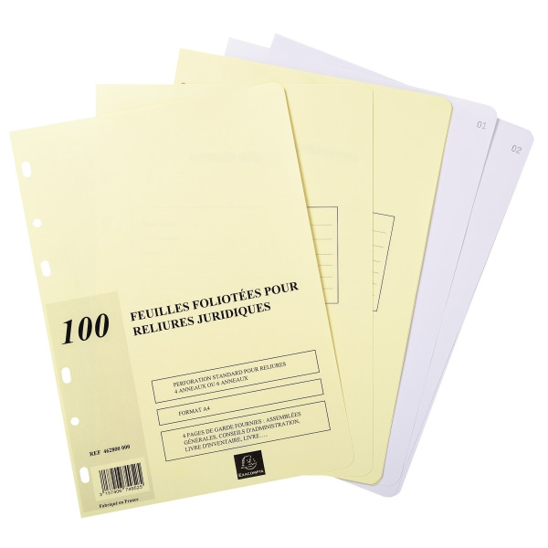Recharge 100 feuilles foliotées universelles pour reliures registres