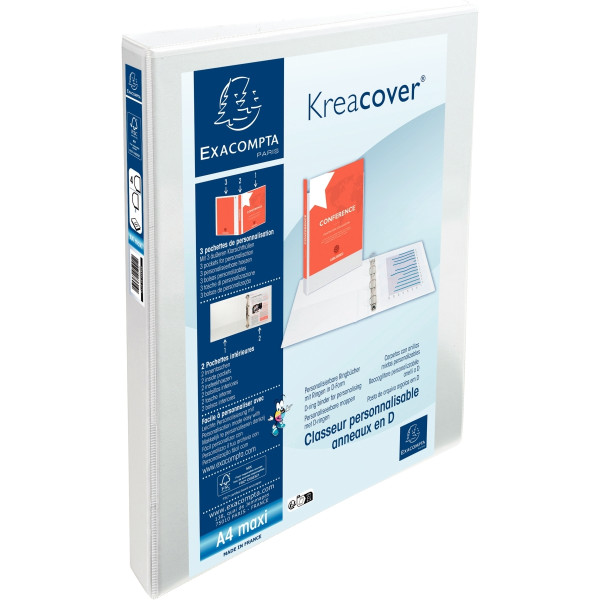 Classeur personnalisable KREACOVER format A4+, 4 anneaux diamètre 15 mm, blanc