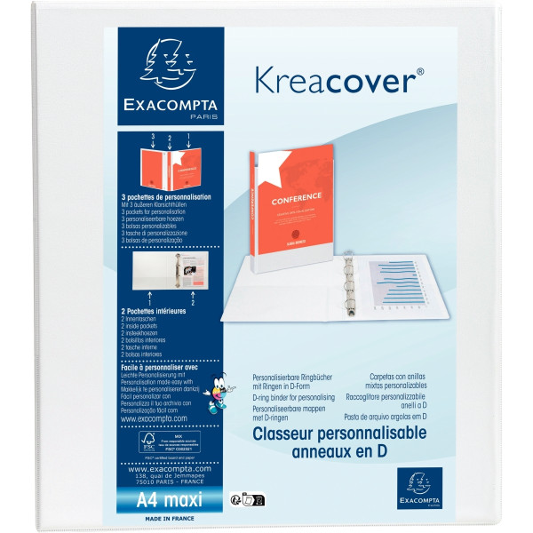 Classeur personnalisable KREACOVER format A4+, 4 anneaux diamètre 40 mm, blanc