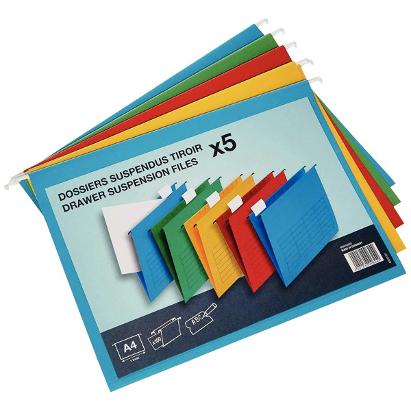Paquet de 5 dossiers suspendus en kraft recyclé pour tiroir, dos V, coloris assortis