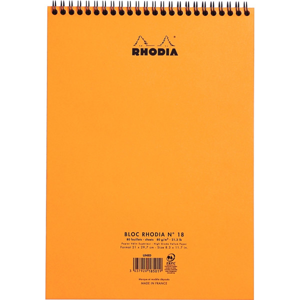 Bloc-notes à reliure intégrale RHODIA orange, format A4, 160 pages, quadrillé 5x5, papier 80g