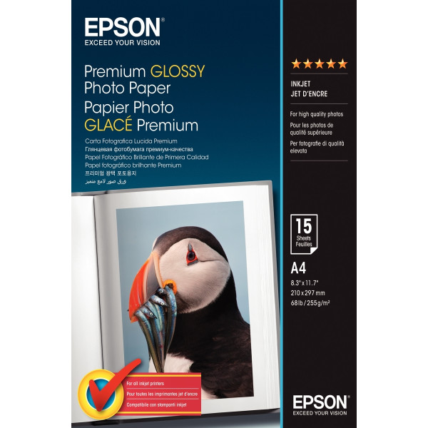 Paquet de 15 feuilles de papier photo premium glacé marque Epson format A4 (21 x 29,7 cm) 255g