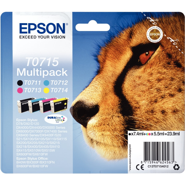 Epson GUÉPARD pack de de 4 cartouches jet d'encre noire, cyan, magenta et jaune authentique (T07154
