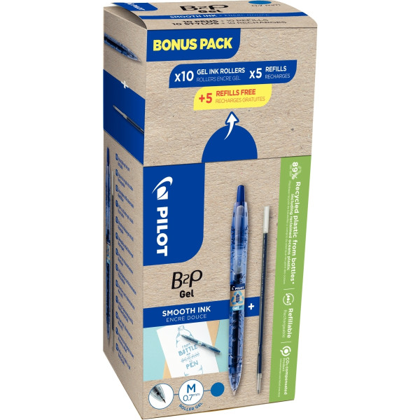 Pack de 10 stylos gel B2P bleus + 10 recharges
