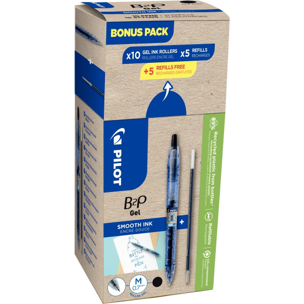 Pack de 10 stylos gel B2P noirs + 10 recharges