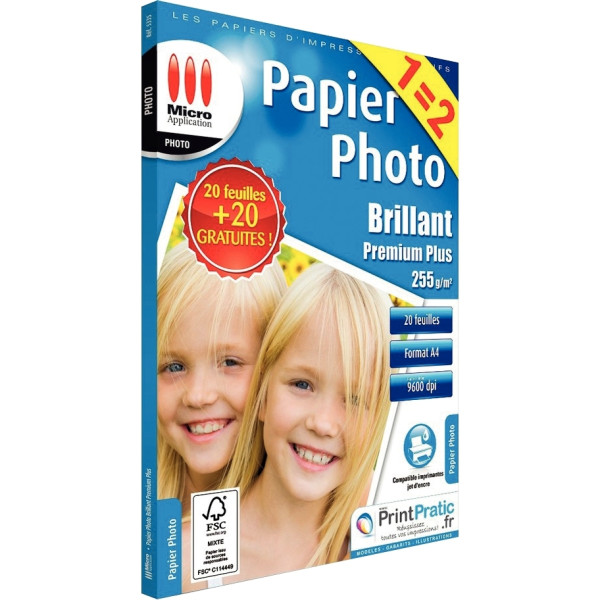 Paquet de 40 feuilles de papier photo brillant micro application format A4 (21 x 29,7 cm) 255g