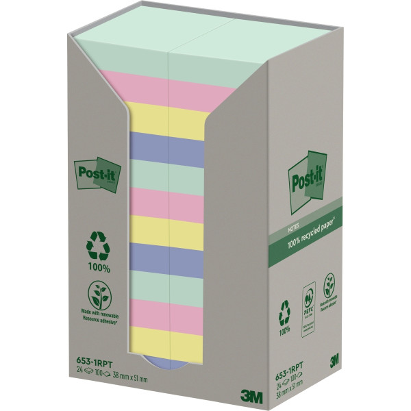 Tour distributrice de 24 blocs de 100 feuilles post-it recyclées et repositionnables 38 x 51 mm coll