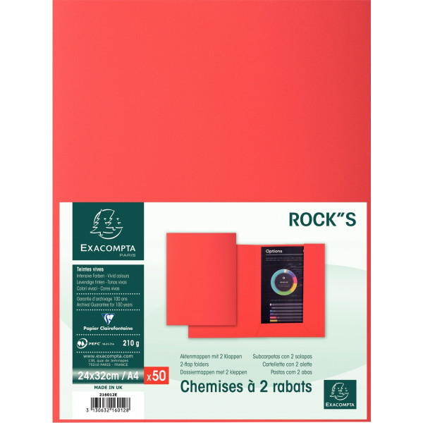 Paquet de 50 chemises 2 rabats ROCK"S 210g, format 24x32 cm, rouge