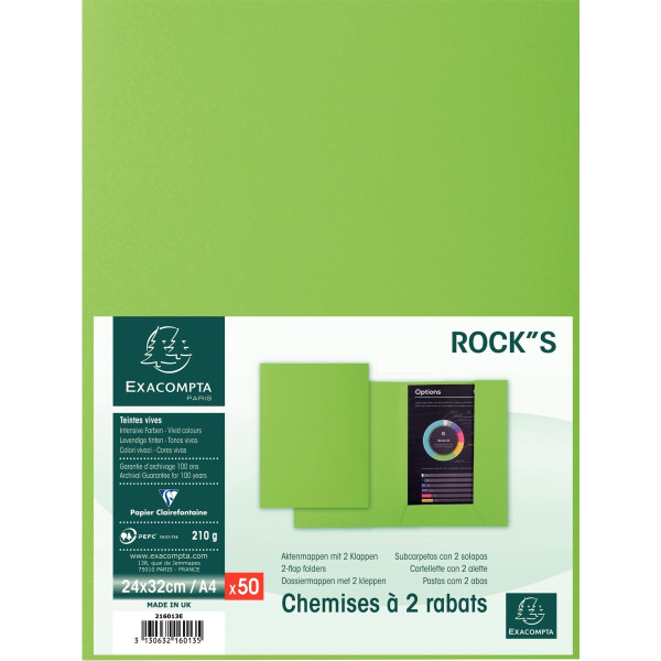 Paquet de 50 chemises 2 rabats ROCK"S 210g, format 24x32 cm, vert