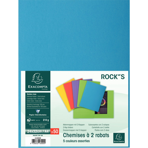 Paquet de 50 chemises 2 rabats ROCK"S 210g, format 24x32 cm, coloris assortis
