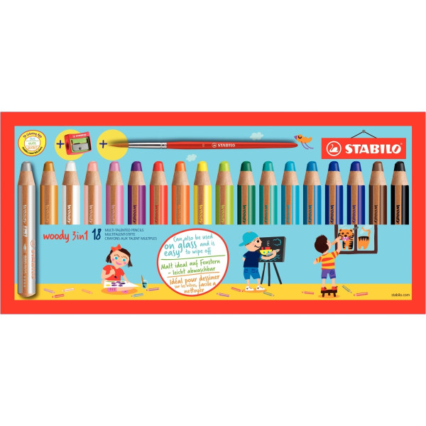 Étui de 18 crayons de couleur Woody + 1 taille-crayon + pinceau