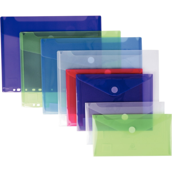 Paquet de 5 enveloppes perforées A4 en polypropylène translucide, coloris assortis