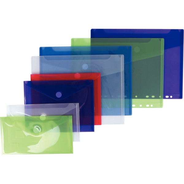 Paquet de 5 enveloppes perforées A4 en polypropylène translucide, coloris assortis