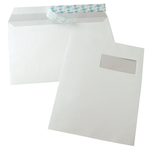 Boîte de 250 enveloppes vélin blanches C4 229x324 90g/m² fenêtre 50x105 bande de protection