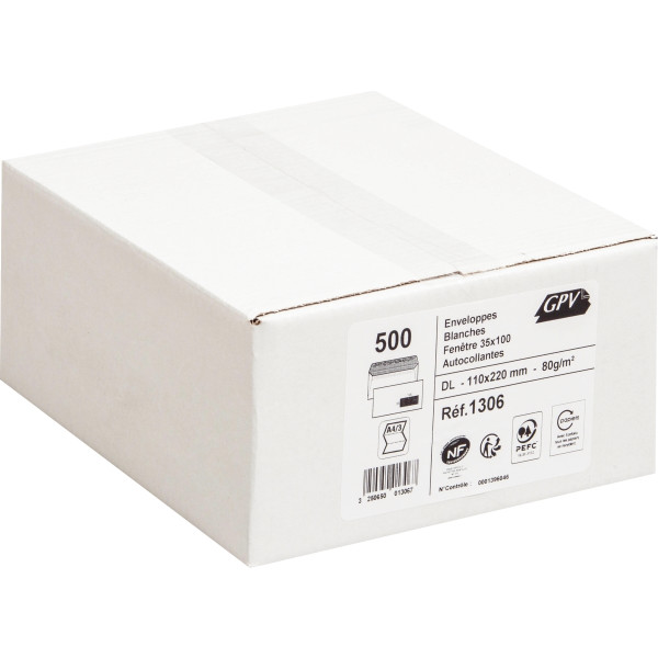 Boîte de 500 enveloppes blanches DL 110x220 80g/m² fenêtre 35x100 autocollantes