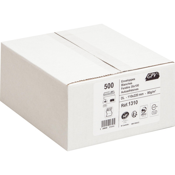 Boîte de 500 enveloppes blanches DL 110x220 80g/m² fenêtre 35x100 bande de protection