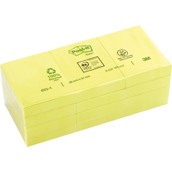 Paquet de 12 blocs 100 feuilles post-it recyclés 38 x 51 mm jaune