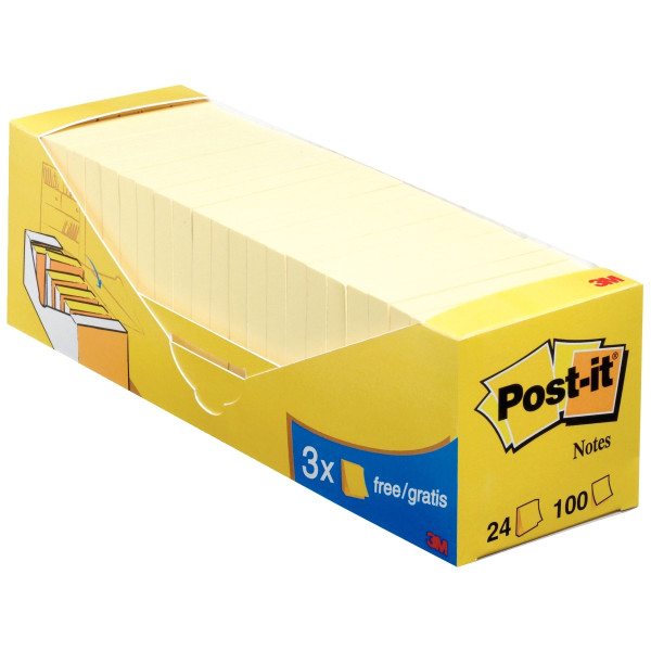 Boîte de 24 blocs de 100 feuilles Post-it jaune format 76 x 76 mm dont 3 gratuits
