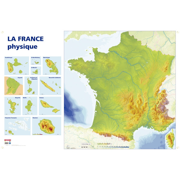 Carte de France physique. Dimensions : 1,20x0.80 mètre