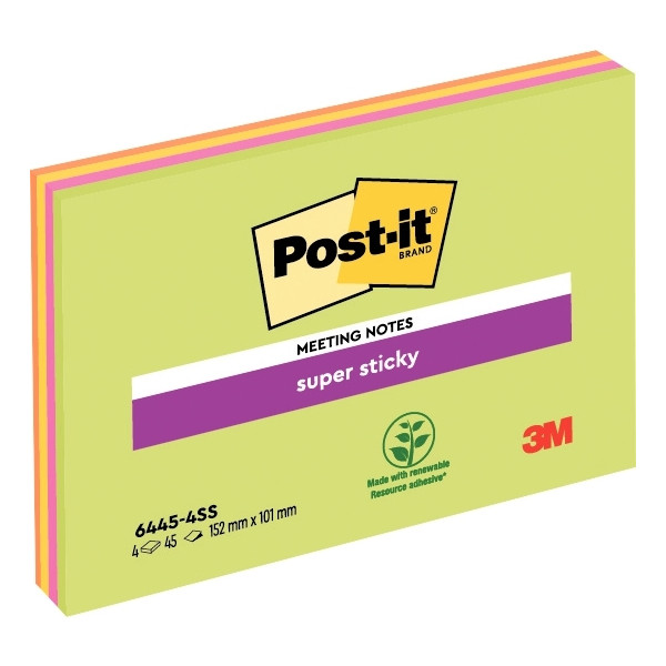 4 blocs de Notes Super Sticky Post-it® grand format, 101 x 152 mm, 45 feuilles par bloc Couleurs ass