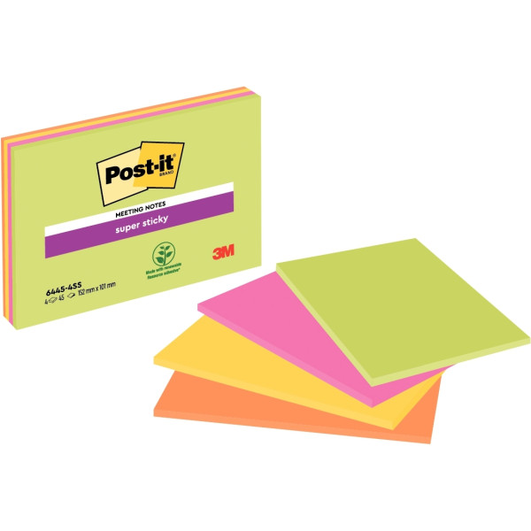 4 blocs de Notes Super Sticky Post-it® grand format, 101 x 152 mm, 45 feuilles par bloc Couleurs ass
