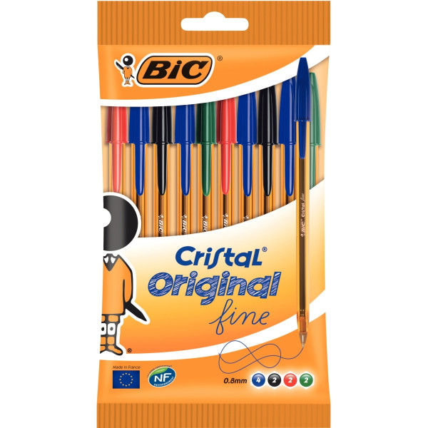 Blister de 10 stylos bille Cristal pointe fine assortis