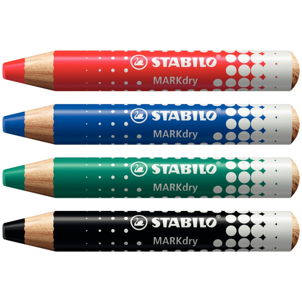 Étui de 4 crayons Markdry assortis + 1 chiffonnette + 1 taille-crayon