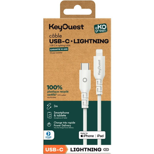 Cordon USB type C vers Lightning 3m blanc