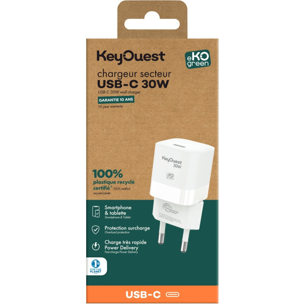 Chargeur secteur 1 port USB-C 30W blanc