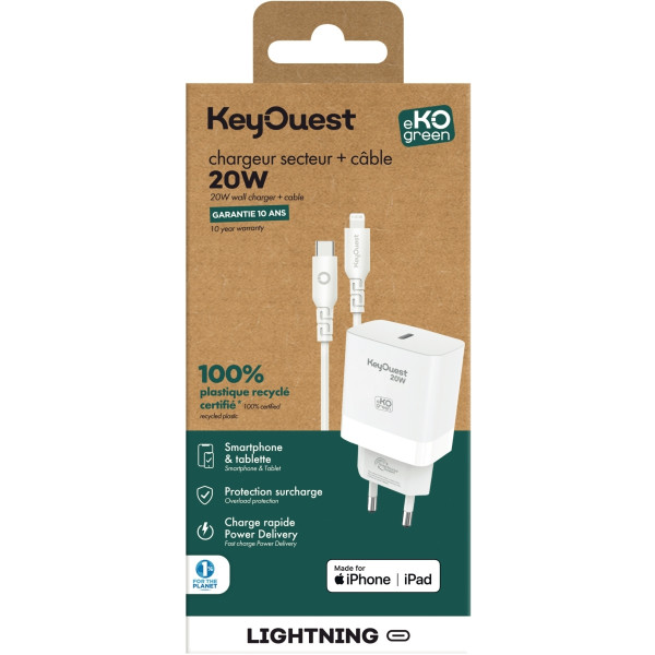 Chargeur secteur avec cordon USB type C vers type Lightning 20W