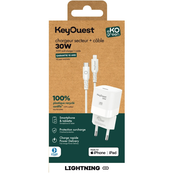 Chargeur secteur avec cordon USB type C vers type Lightning 30W