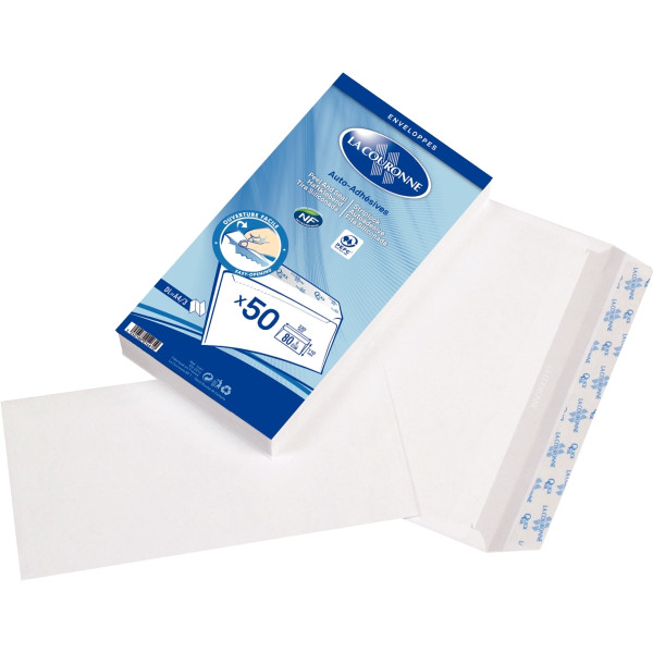 Paquet de 50 enveloppes blanches 110x220mm 80g bande siliconée