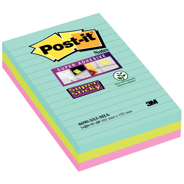 Paquet de 3 blocs Notes Super Sticky de 90 feuilles lignées, format 101 x 152 mm, Miami