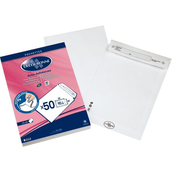 Paquet de 50 pochettes blanches 229x324mm 90g bande siliconée