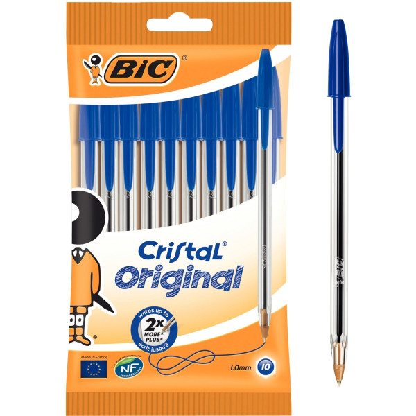 Pochette de 10 stylos bille Cristal pointe moyenne bleus