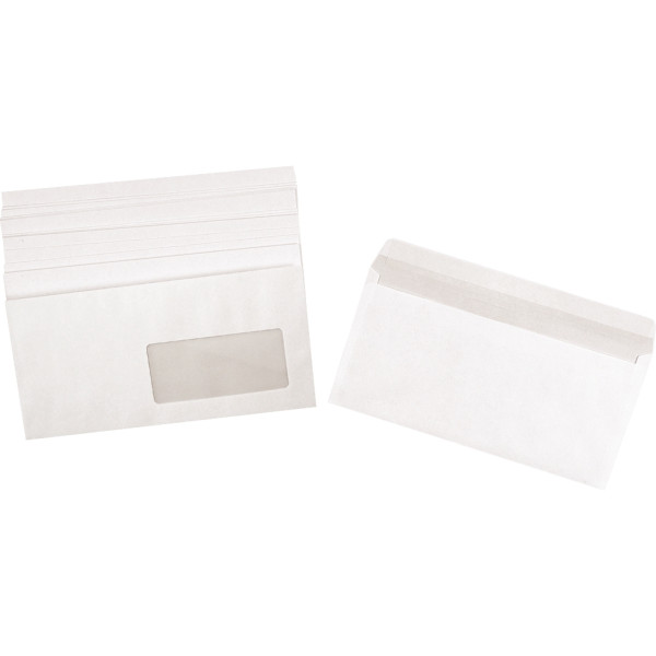 Boite de 500 enveloppes blanches 110x220mm 80g bande siliconée fenêtre 45x100mm