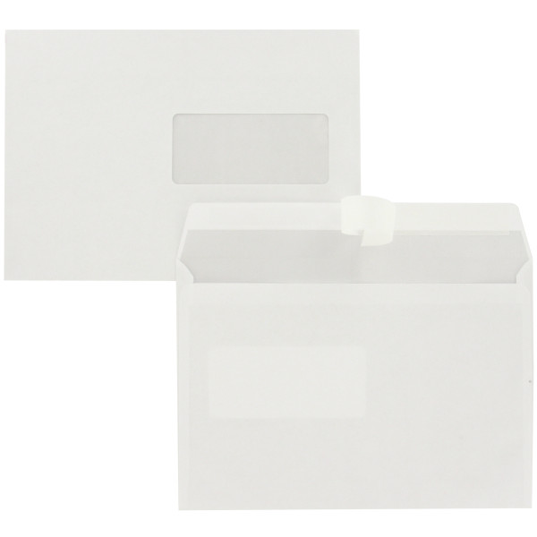 Boite de 500 enveloppes blanches 162x229mm 80g bande silliconnée fenêtre 45x100mm