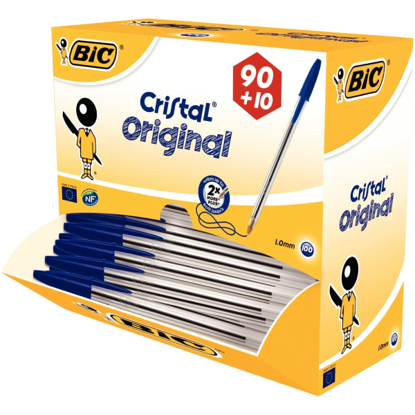 Boîte de 100 stylos Cristal pointe moyenne bleus dont 10 gratuits